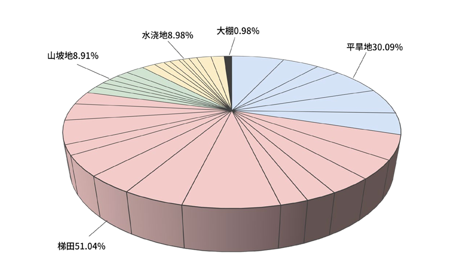54个种植单元的地块类型面积分布图：平旱地、梯田、山坡地、水浇地与各类型大棚的面积占比