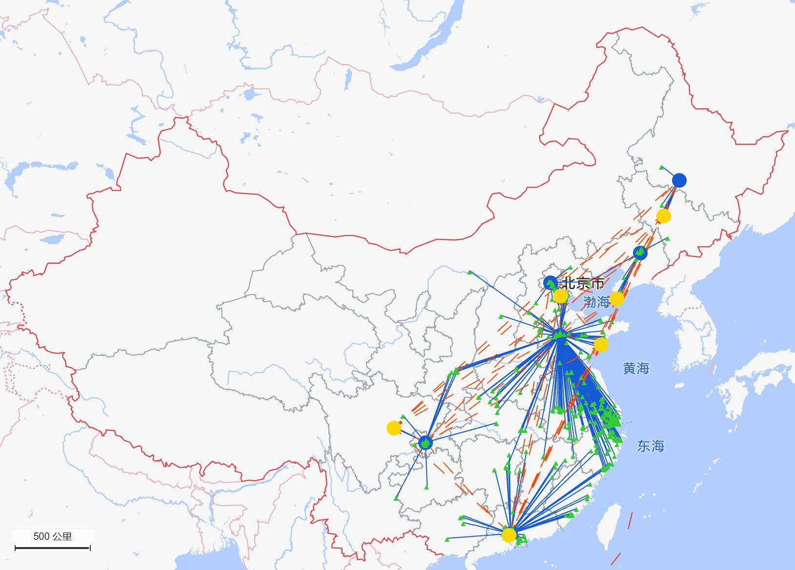 基线模型供应链网络分布图：标注现有6个集散中心的地理位置、服务覆盖范围与流量分布